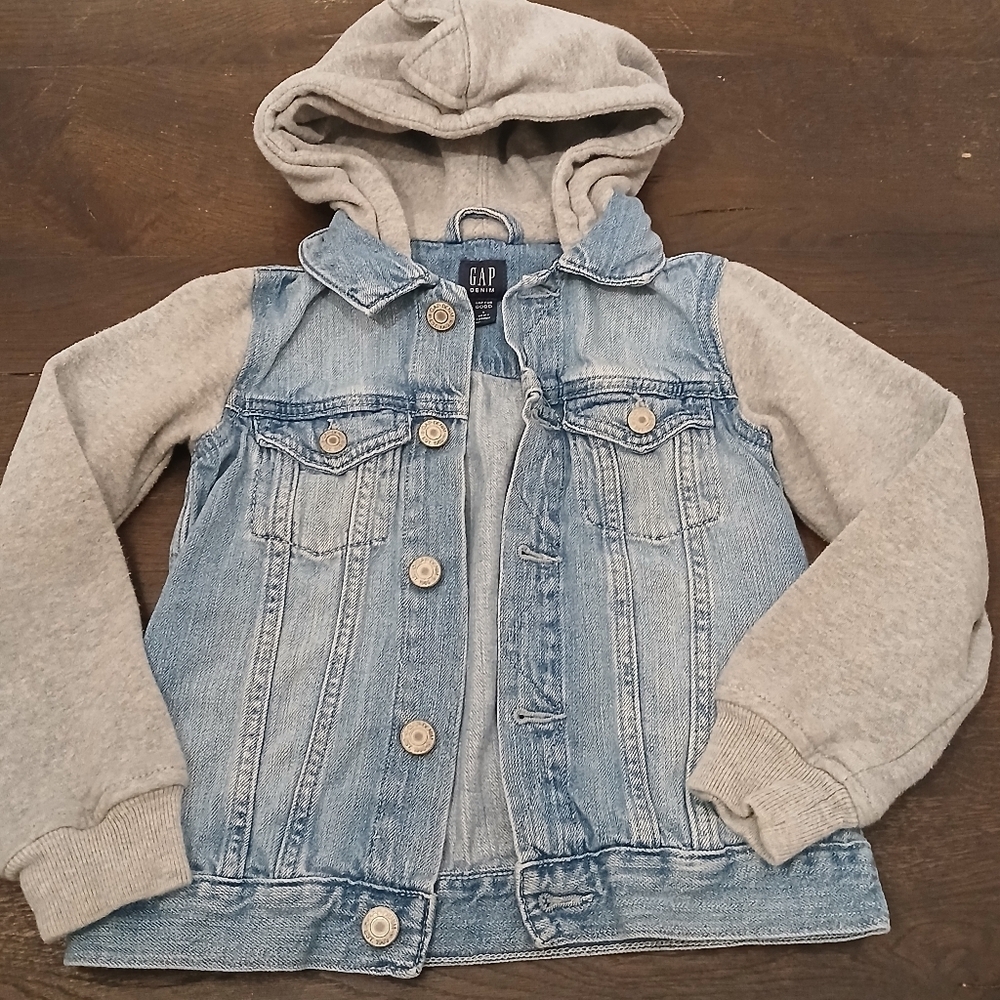 Denim Gap Kids Grey & Jean Jacket With Dinosaur Hoodie Size:5 Kids